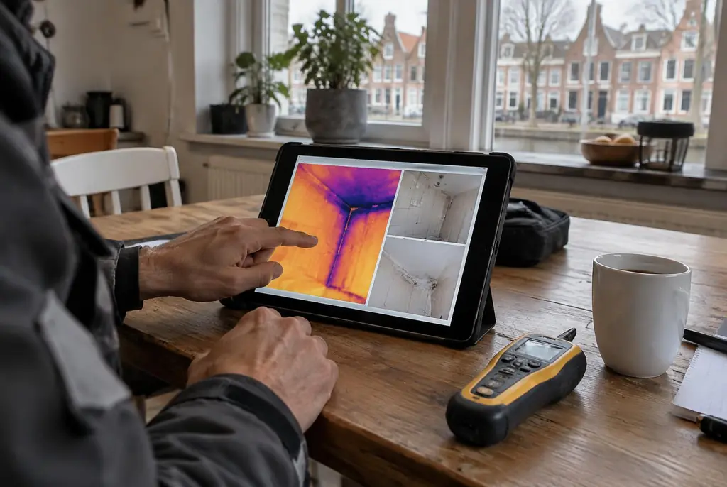 Lekdetectie Hoevelaken – lekdetectierapport met warmtebeelden en foto's op een tablet