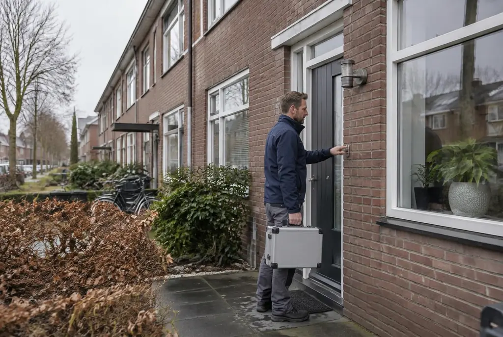 Lekdetectiespecialist met meetkoffer bij de voordeur van een woning in Hoevelaken